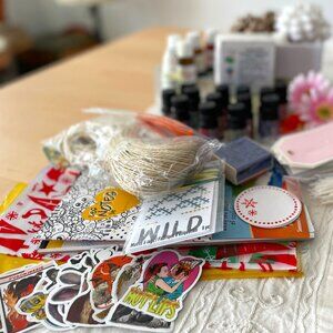 Big Box of Craft Supplies - pigments, stickers, dyes, wicks, fragrance, tags